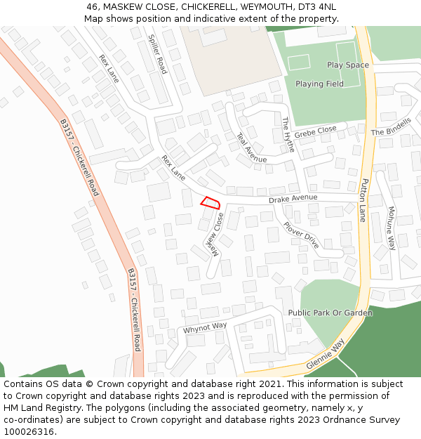 46, MASKEW CLOSE, CHICKERELL, WEYMOUTH, DT3 4NL: Location map and indicative extent of plot