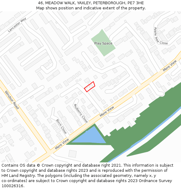 46, MEADOW WALK, YAXLEY, PETERBOROUGH, PE7 3HE: Location map and indicative extent of plot