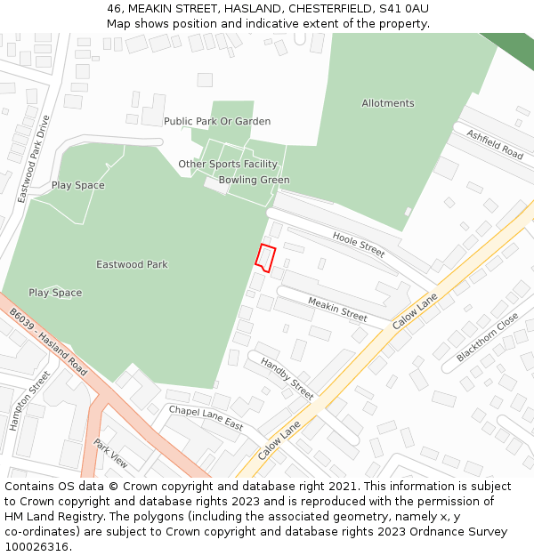 46, MEAKIN STREET, HASLAND, CHESTERFIELD, S41 0AU: Location map and indicative extent of plot