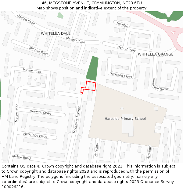 46, MEGSTONE AVENUE, CRAMLINGTON, NE23 6TU: Location map and indicative extent of plot