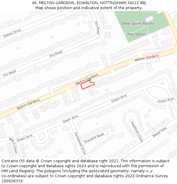 46, MELTON GARDENS, EDWALTON, NOTTINGHAM, NG12 4BJ: Location map and indicative extent of plot