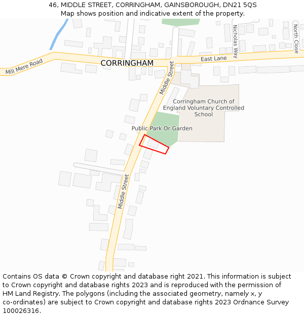 46, MIDDLE STREET, CORRINGHAM, GAINSBOROUGH, DN21 5QS: Location map and indicative extent of plot