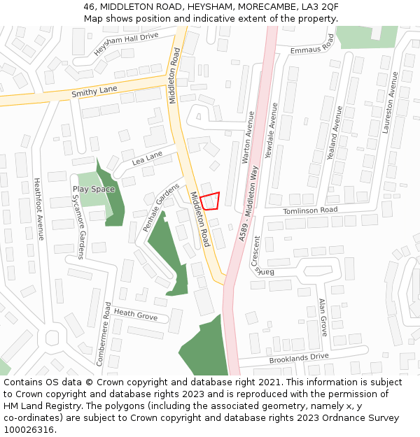 46, MIDDLETON ROAD, HEYSHAM, MORECAMBE, LA3 2QF: Location map and indicative extent of plot