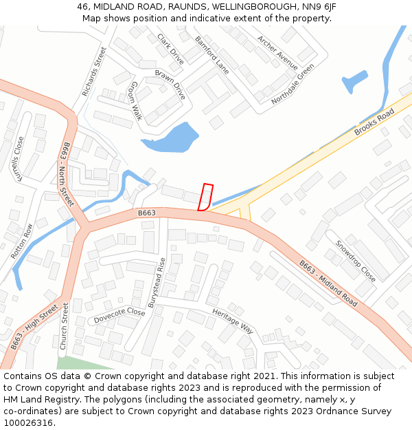 46, MIDLAND ROAD, RAUNDS, WELLINGBOROUGH, NN9 6JF: Location map and indicative extent of plot