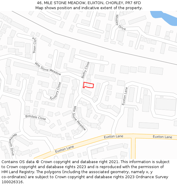 46, MILE STONE MEADOW, EUXTON, CHORLEY, PR7 6FD: Location map and indicative extent of plot