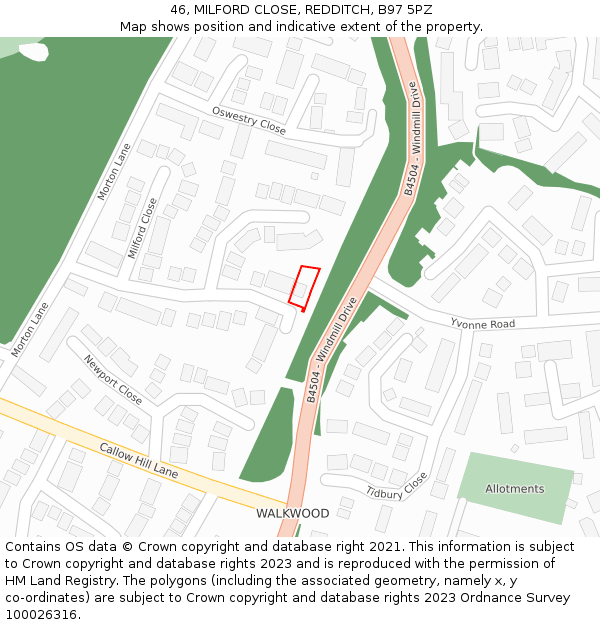 46, MILFORD CLOSE, REDDITCH, B97 5PZ: Location map and indicative extent of plot