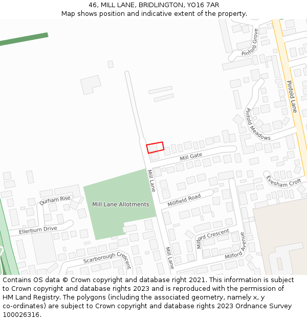 46, MILL LANE, BRIDLINGTON, YO16 7AR: Location map and indicative extent of plot