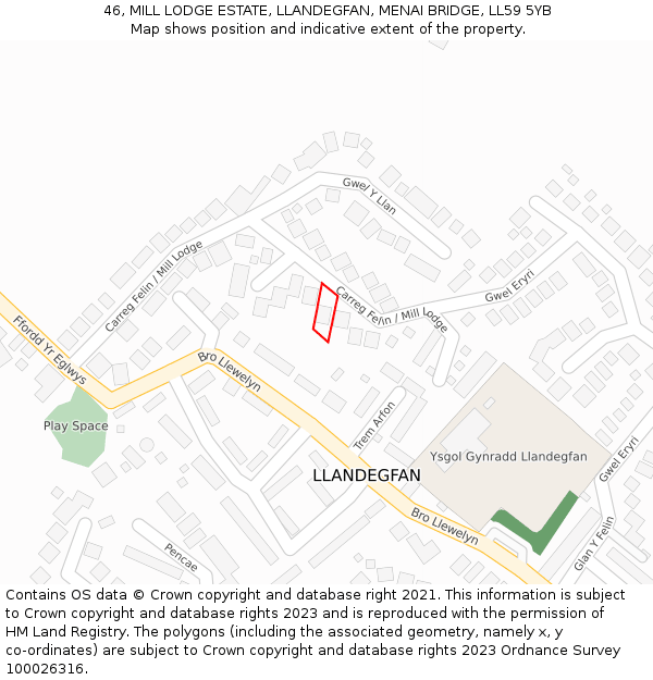 46, MILL LODGE ESTATE, LLANDEGFAN, MENAI BRIDGE, LL59 5YB: Location map and indicative extent of plot