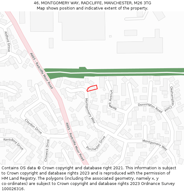 46, MONTGOMERY WAY, RADCLIFFE, MANCHESTER, M26 3TG: Location map and indicative extent of plot