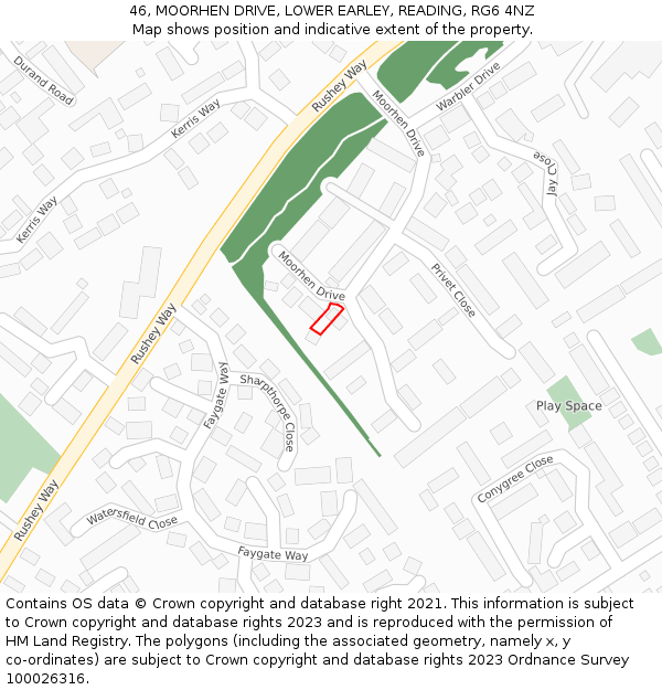 46, MOORHEN DRIVE, LOWER EARLEY, READING, RG6 4NZ: Location map and indicative extent of plot