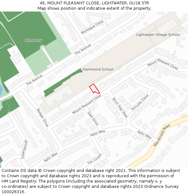 46, MOUNT PLEASANT CLOSE, LIGHTWATER, GU18 5TR: Location map and indicative extent of plot