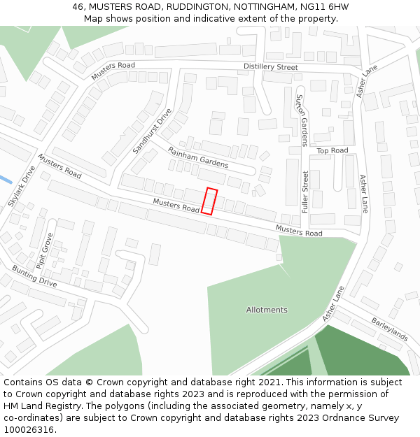 46, MUSTERS ROAD, RUDDINGTON, NOTTINGHAM, NG11 6HW: Location map and indicative extent of plot