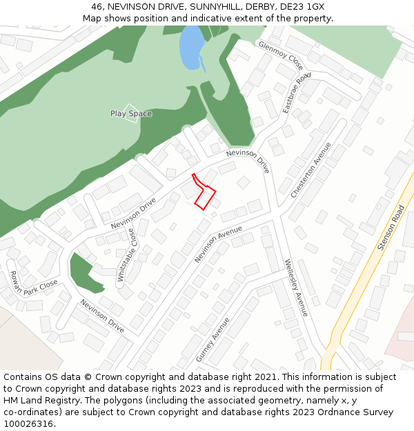 46, NEVINSON DRIVE, SUNNYHILL, DERBY, DE23 1GX: Location map and indicative extent of plot