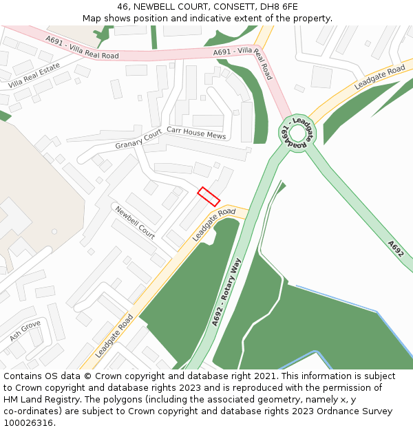 46, NEWBELL COURT, CONSETT, DH8 6FE: Location map and indicative extent of plot