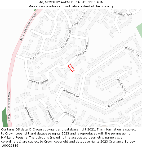 46, NEWBURY AVENUE, CALNE, SN11 9UN: Location map and indicative extent of plot