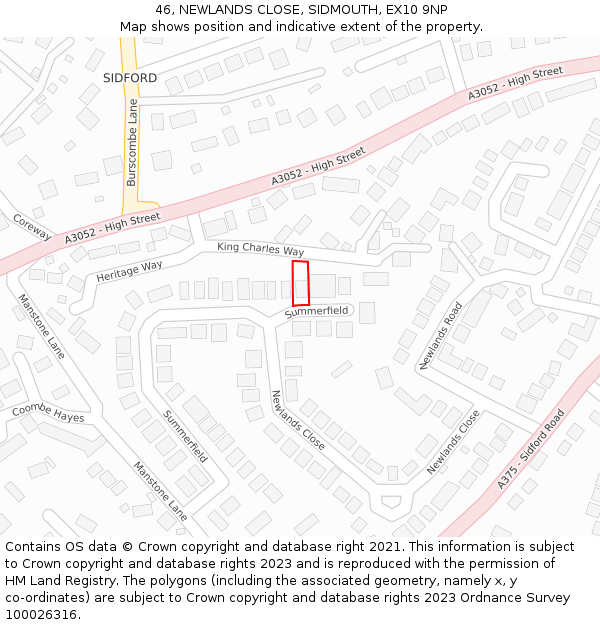 46, NEWLANDS CLOSE, SIDMOUTH, EX10 9NP: Location map and indicative extent of plot