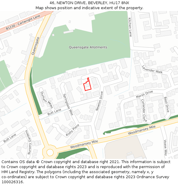 46, NEWTON DRIVE, BEVERLEY, HU17 8NX: Location map and indicative extent of plot