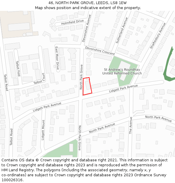 46, NORTH PARK GROVE, LEEDS, LS8 1EW: Location map and indicative extent of plot