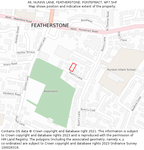 46, NUNNS LANE, FEATHERSTONE, PONTEFRACT, WF7 5HF: Location map and indicative extent of plot