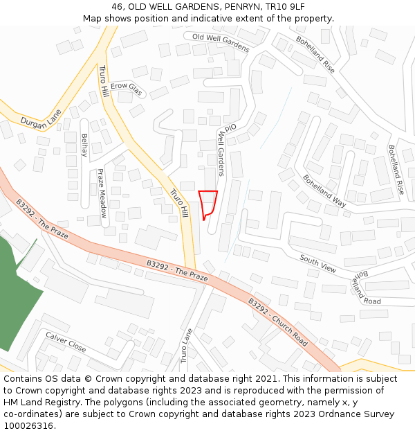 46, OLD WELL GARDENS, PENRYN, TR10 9LF: Location map and indicative extent of plot