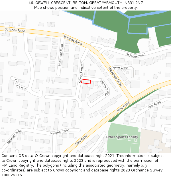 46, ORWELL CRESCENT, BELTON, GREAT YARMOUTH, NR31 9NZ: Location map and indicative extent of plot