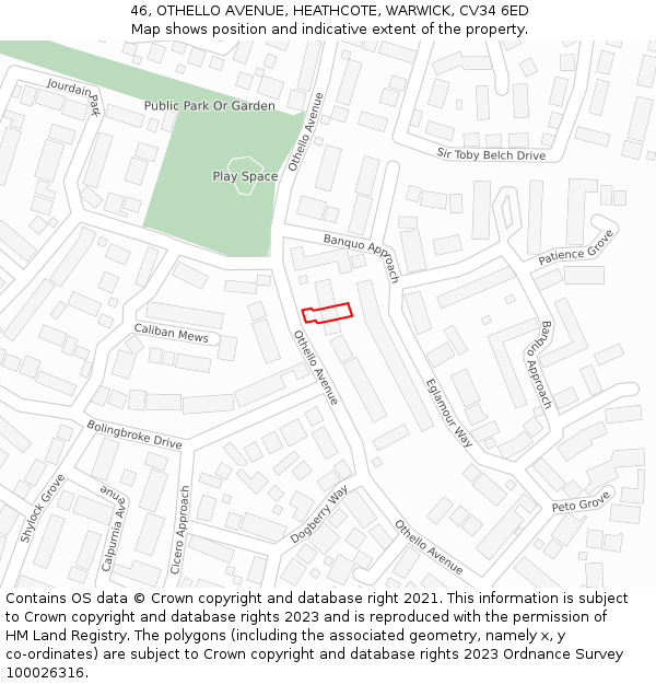 46, OTHELLO AVENUE, HEATHCOTE, WARWICK, CV34 6ED: Location map and indicative extent of plot