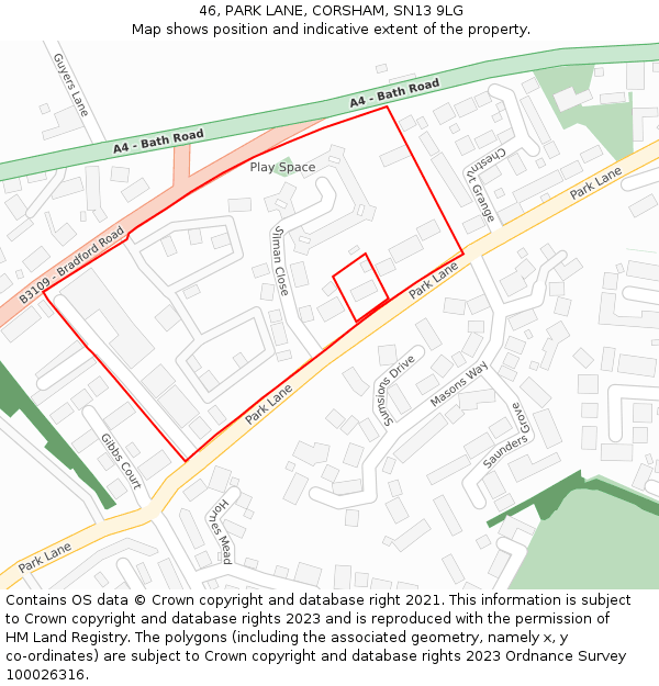 46, PARK LANE, CORSHAM, SN13 9LG: Location map and indicative extent of plot