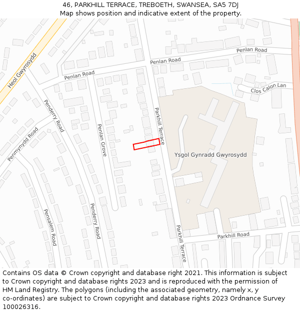 46, PARKHILL TERRACE, TREBOETH, SWANSEA, SA5 7DJ: Location map and indicative extent of plot