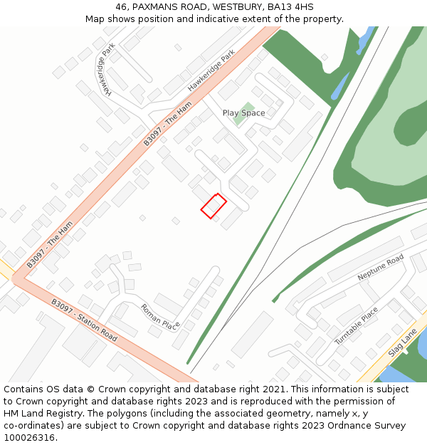 46, PAXMANS ROAD, WESTBURY, BA13 4HS: Location map and indicative extent of plot