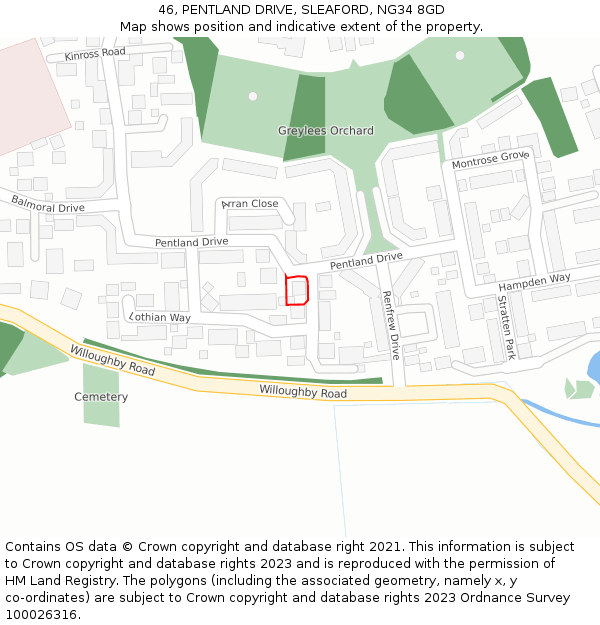 46, PENTLAND DRIVE, SLEAFORD, NG34 8GD: Location map and indicative extent of plot