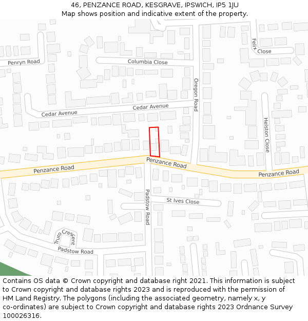 46, PENZANCE ROAD, KESGRAVE, IPSWICH, IP5 1JU: Location map and indicative extent of plot