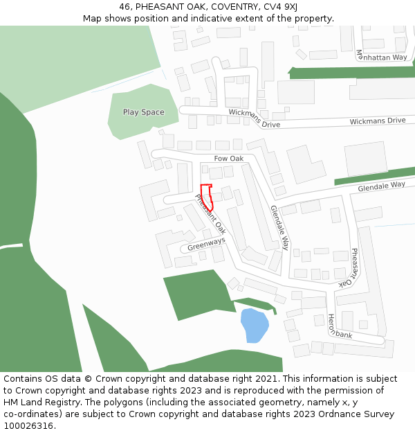 46, PHEASANT OAK, COVENTRY, CV4 9XJ: Location map and indicative extent of plot