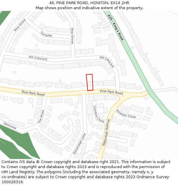 46, PINE PARK ROAD, HONITON, EX14 2HR: Location map and indicative extent of plot