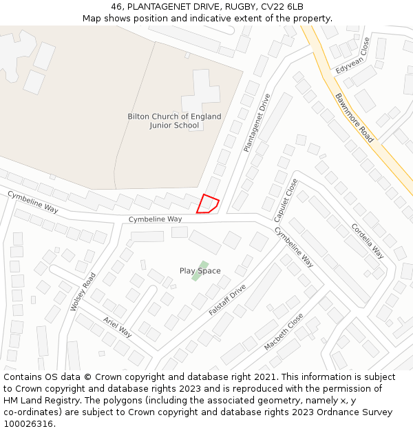 46, PLANTAGENET DRIVE, RUGBY, CV22 6LB: Location map and indicative extent of plot