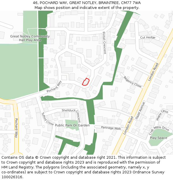 46, POCHARD WAY, GREAT NOTLEY, BRAINTREE, CM77 7WA: Location map and indicative extent of plot