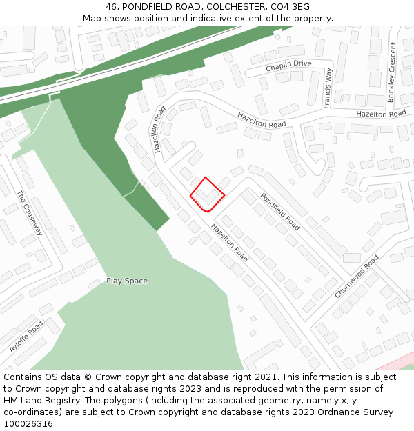 46, PONDFIELD ROAD, COLCHESTER, CO4 3EG: Location map and indicative extent of plot