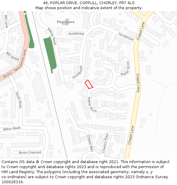 46, POPLAR DRIVE, COPPULL, CHORLEY, PR7 4LS: Location map and indicative extent of plot