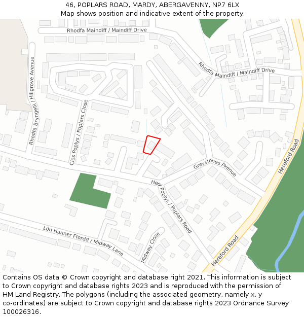 46, POPLARS ROAD, MARDY, ABERGAVENNY, NP7 6LX: Location map and indicative extent of plot
