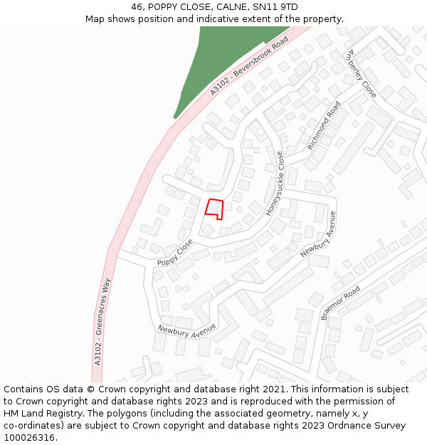 46, POPPY CLOSE, CALNE, SN11 9TD: Location map and indicative extent of plot