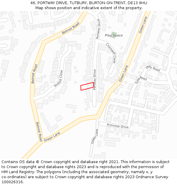 46, PORTWAY DRIVE, TUTBURY, BURTON-ON-TRENT, DE13 9HU: Location map and indicative extent of plot