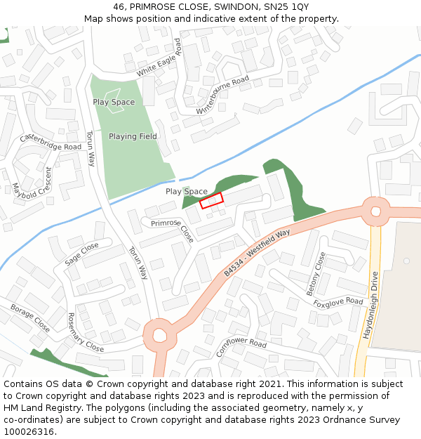 46, PRIMROSE CLOSE, SWINDON, SN25 1QY: Location map and indicative extent of plot