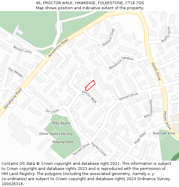 46, PROCTOR WALK, HAWKINGE, FOLKESTONE, CT18 7QS: Location map and indicative extent of plot