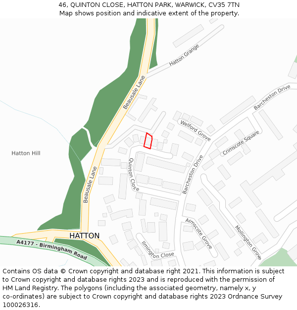 46, QUINTON CLOSE, HATTON PARK, WARWICK, CV35 7TN: Location map and indicative extent of plot