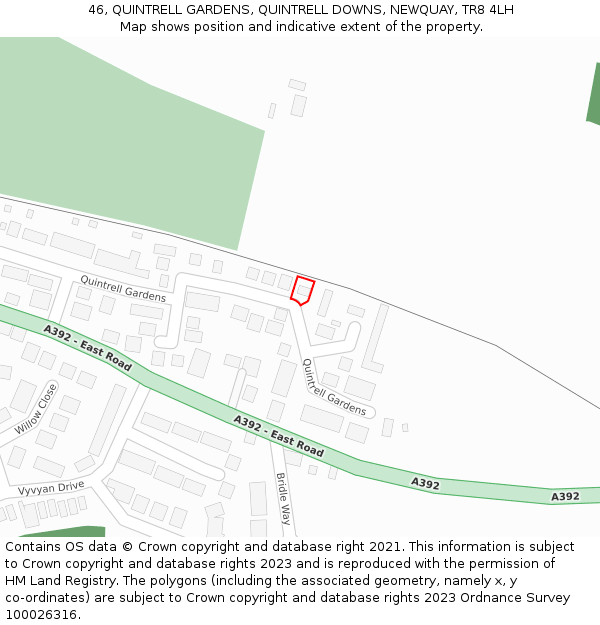 46, QUINTRELL GARDENS, QUINTRELL DOWNS, NEWQUAY, TR8 4LH: Location map and indicative extent of plot