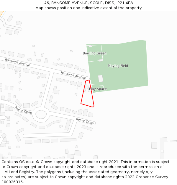 46, RANSOME AVENUE, SCOLE, DISS, IP21 4EA: Location map and indicative extent of plot