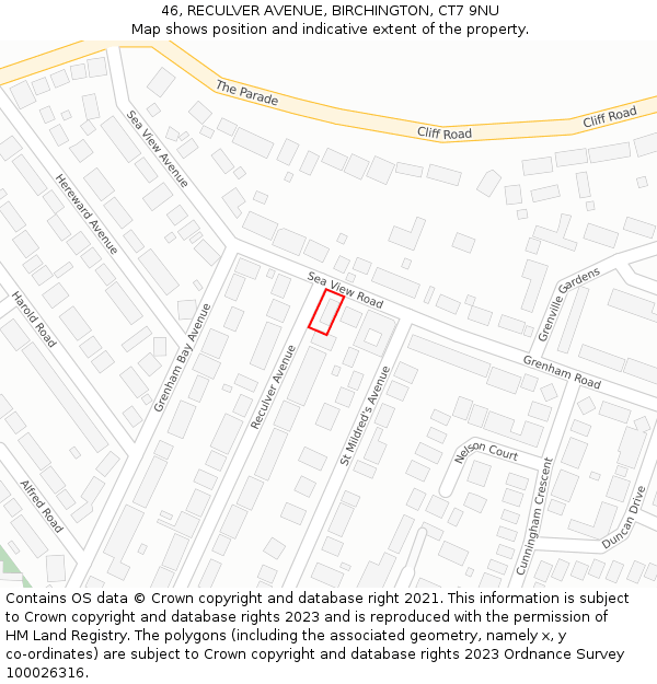 46, RECULVER AVENUE, BIRCHINGTON, CT7 9NU: Location map and indicative extent of plot