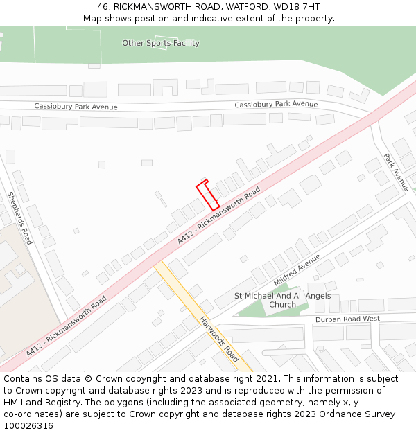 46, RICKMANSWORTH ROAD, WATFORD, WD18 7HT: Location map and indicative extent of plot