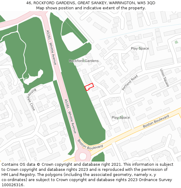 46, ROCKFORD GARDENS, GREAT SANKEY, WARRINGTON, WA5 3QD: Location map and indicative extent of plot