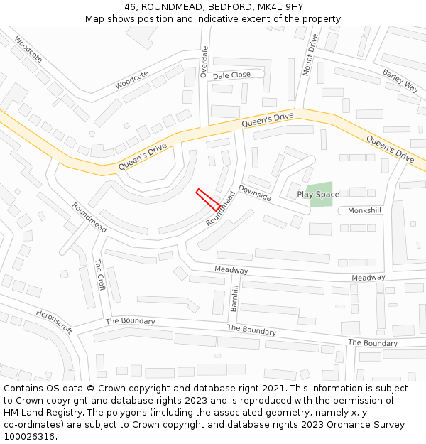 46, ROUNDMEAD, BEDFORD, MK41 9HY: Location map and indicative extent of plot