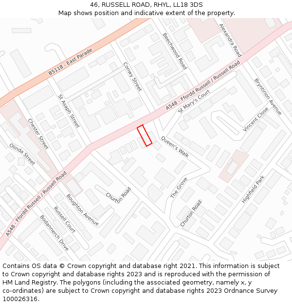 46, RUSSELL ROAD, RHYL, LL18 3DS: Location map and indicative extent of plot